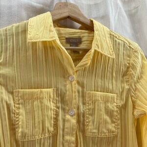 Chico's Yellow Textured Button Down Shirt with Roll Tab‎ Sleeves Size 0